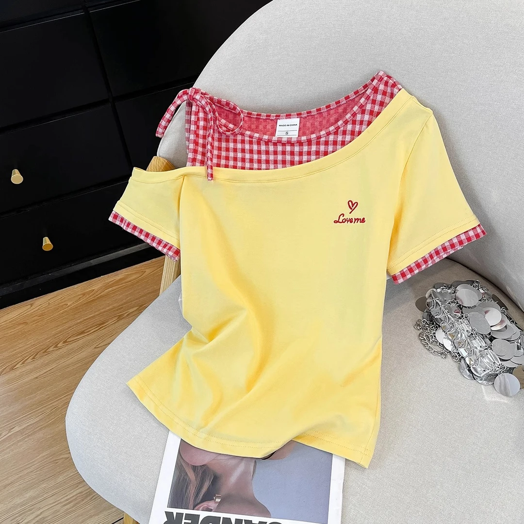 假两件露肩短袖t恤女2025夏季新款高级感纯欲绝美修身显瘦小上衣