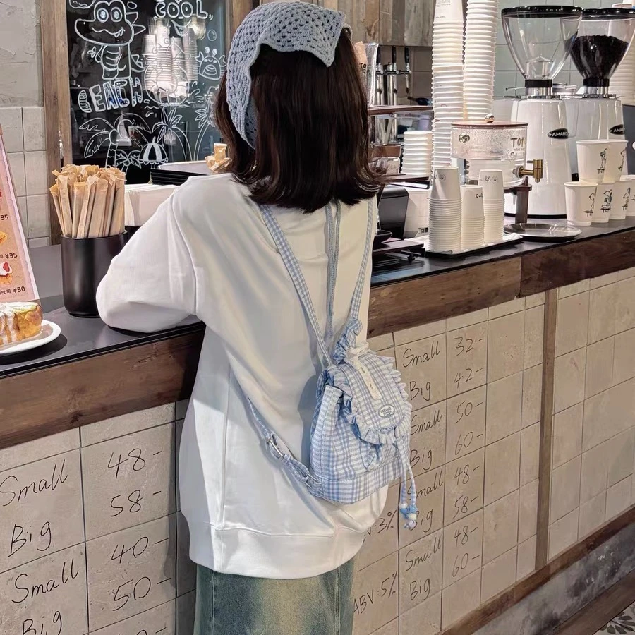 韩系蓝色蕾丝格子双肩包女2025新款甜美荷叶边背包学院风通勤书包
