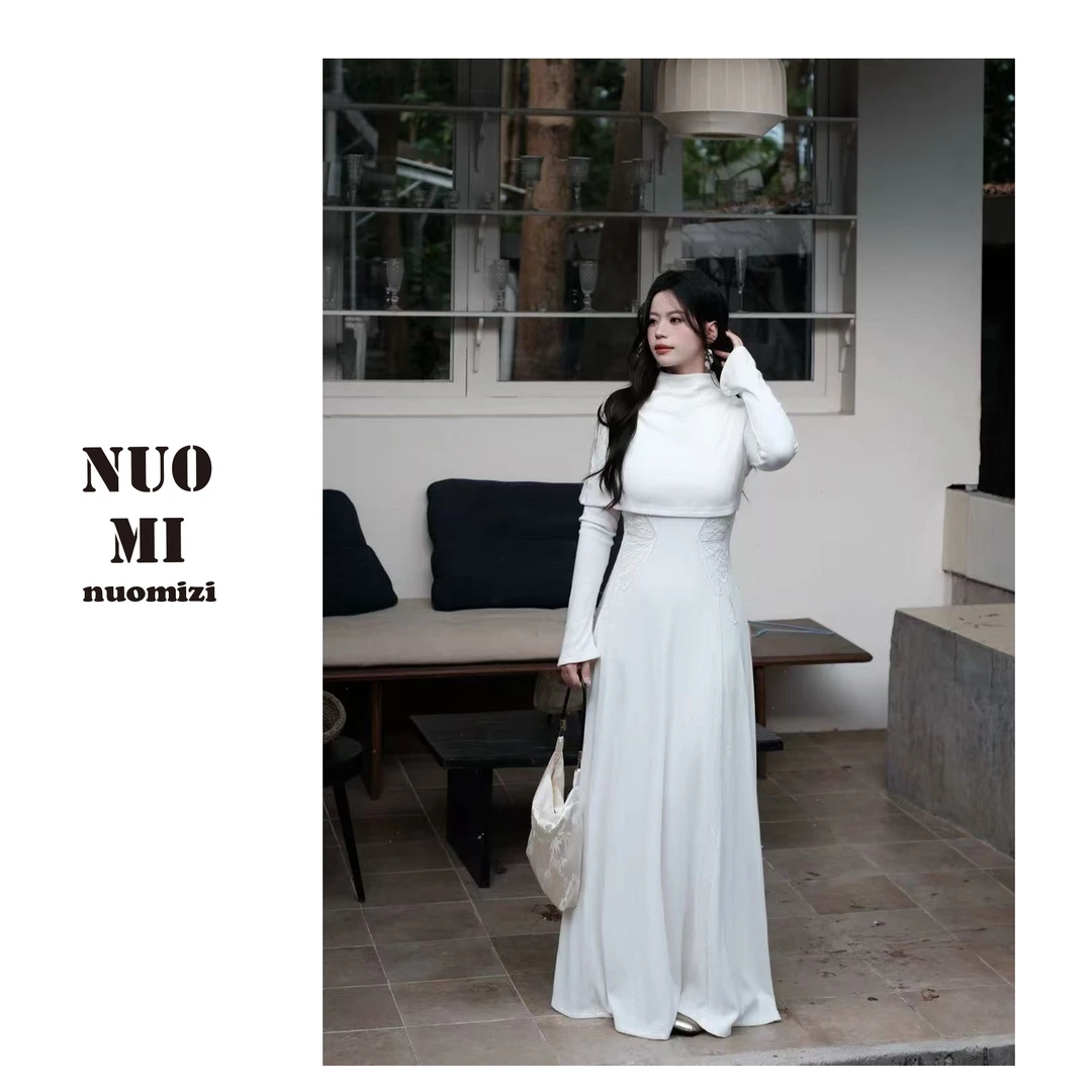 ZOZ糯米子[化蝶之礼]新中式改良刺绣收腰连衣裙半高领可拆卸披肩