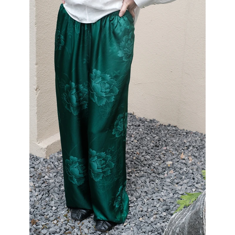 盛唐婧真丝缎牡丹花直筒阔腿裤
