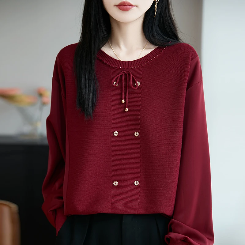 红色上衣女春秋2025新款大码针织衫宽松遮肚子显瘦薄款拼接打底衫