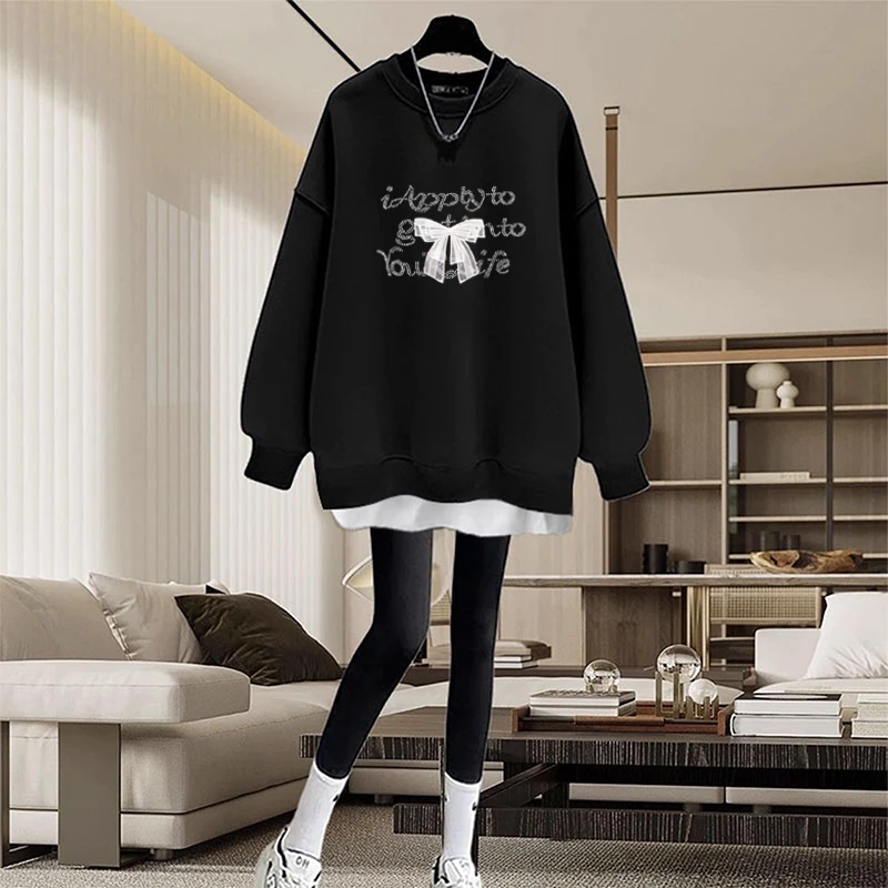 假两件圆领卫衣女2026秋冬新款中长款盖遮屁股加绒加厚拼接上衣