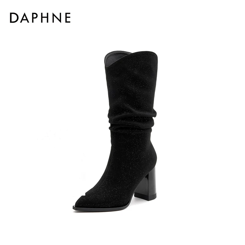 达芙妮黑色西部堆堆靴女2025秋冬新款今年超火潮流V口显瘦骑士靴