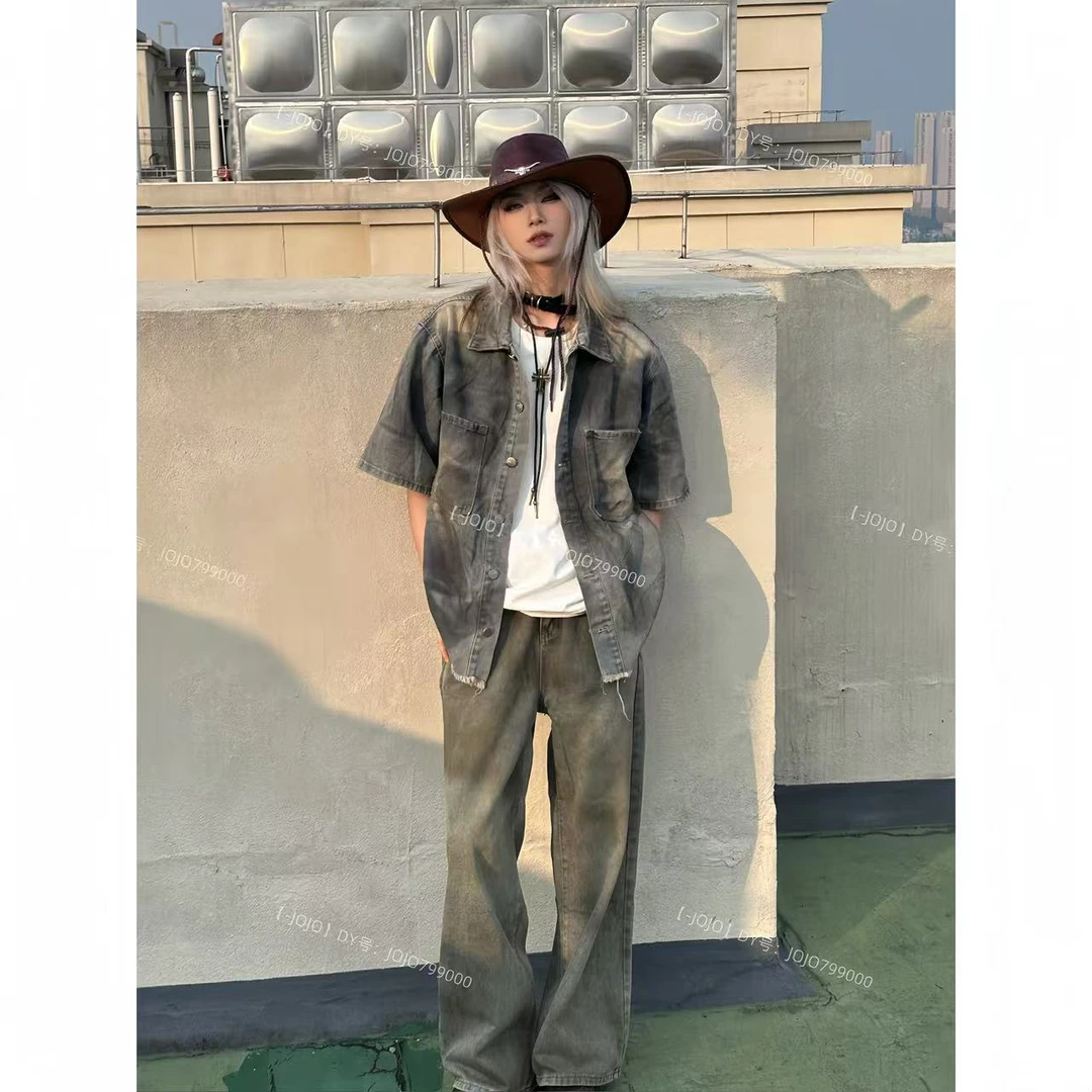 废土风水洗毛边下摆小众设计感套装短袖牛仔衬衫裤子痞帅一整套