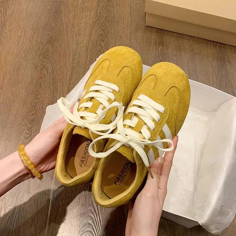 复古平底德训鞋女鞋2025春季新款黄色勃肯运动鞋轻便休闲系带单鞋