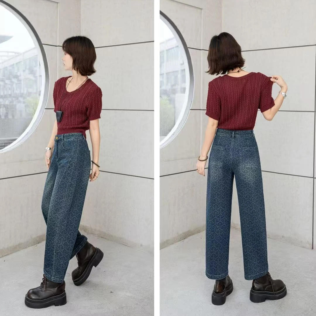 6073#牛仔裤水洗阔腿裤厚款时尚女士九分裤洋气提花休闲风