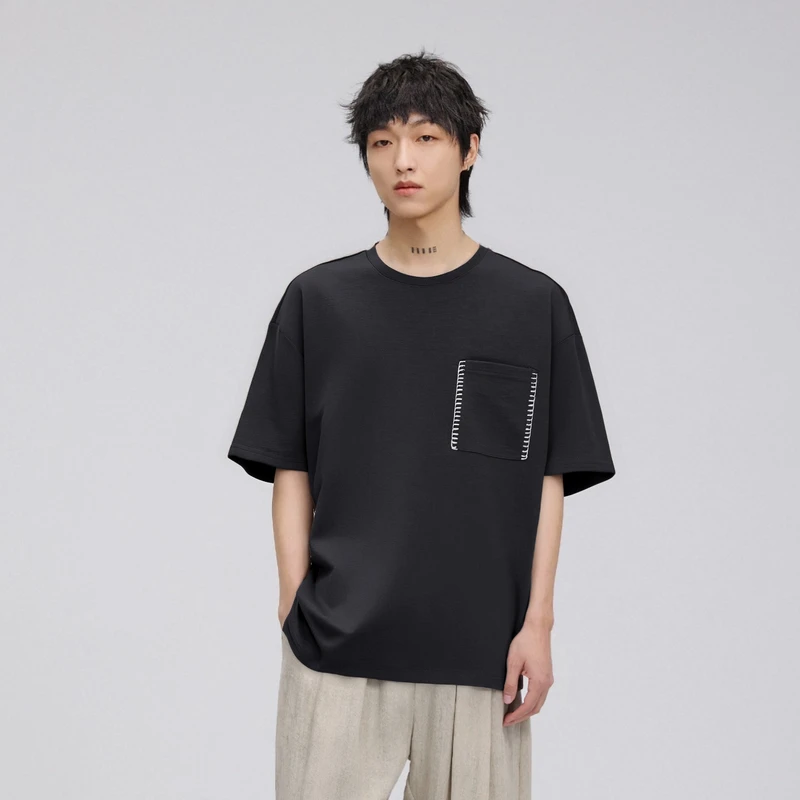 HERBEL/黑白2025夏季桑蚕丝男士纯色百搭宽松通勤休闲上衣短袖T恤