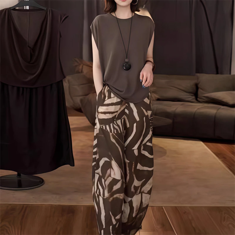 时尚炸街洋气百搭宽松套装女夏季新款洋气纯色恤高腰阔腿裤两件套