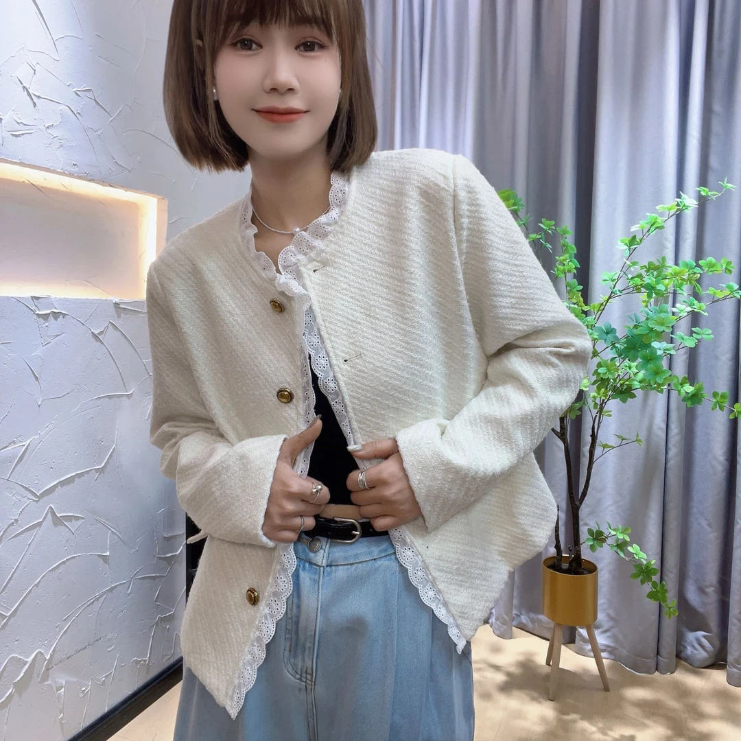 【芸尚】波浪花边-休闲轻奢时尚女设计师纯色短外套上衣短款白色007