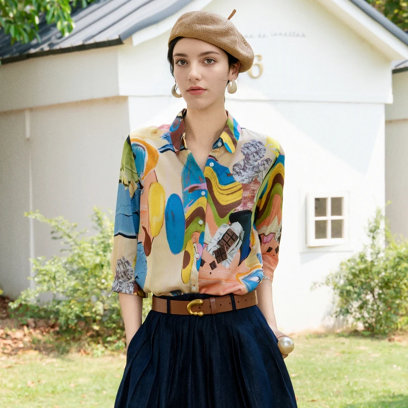 谜底天丝衬衫七分袖女2025夏新款抽象亲肤柔软合体衬衣256MC6285