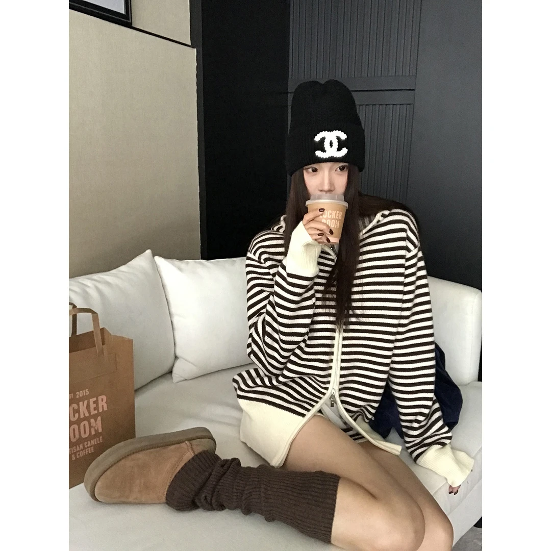 【倪子清仓】连帽条纹慵懒风针织衫254B4650-S#