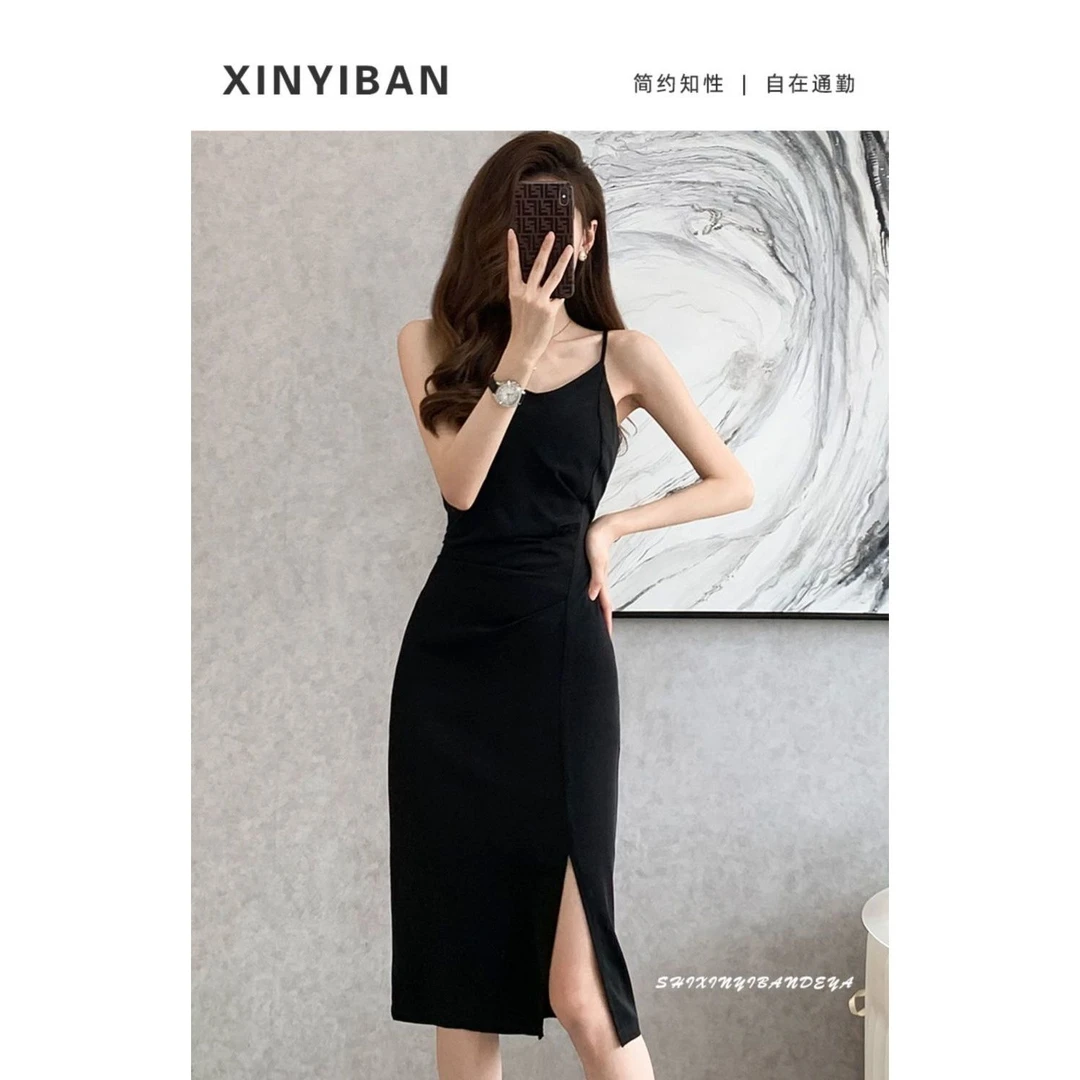 哥弟阿玛施正品黑色吊带连衣裙女春夏2025新款打底裙气质修身法式