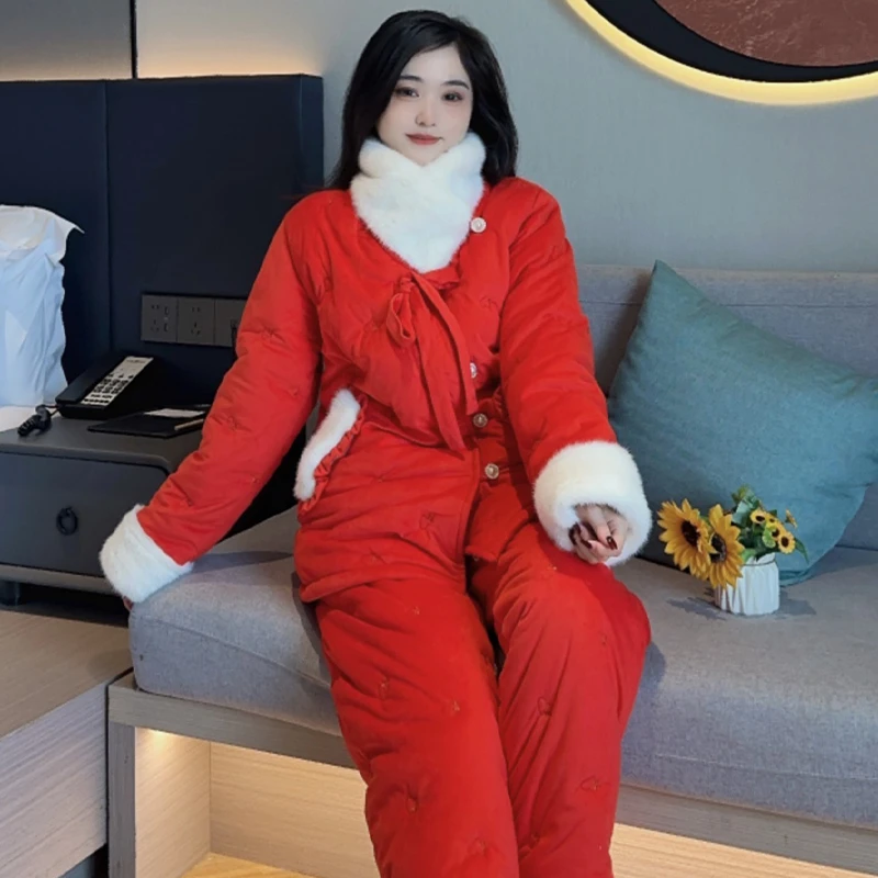 新年大红色本命年结婚女士冬季加绒加厚睡衣加厚保暖家居服套装
