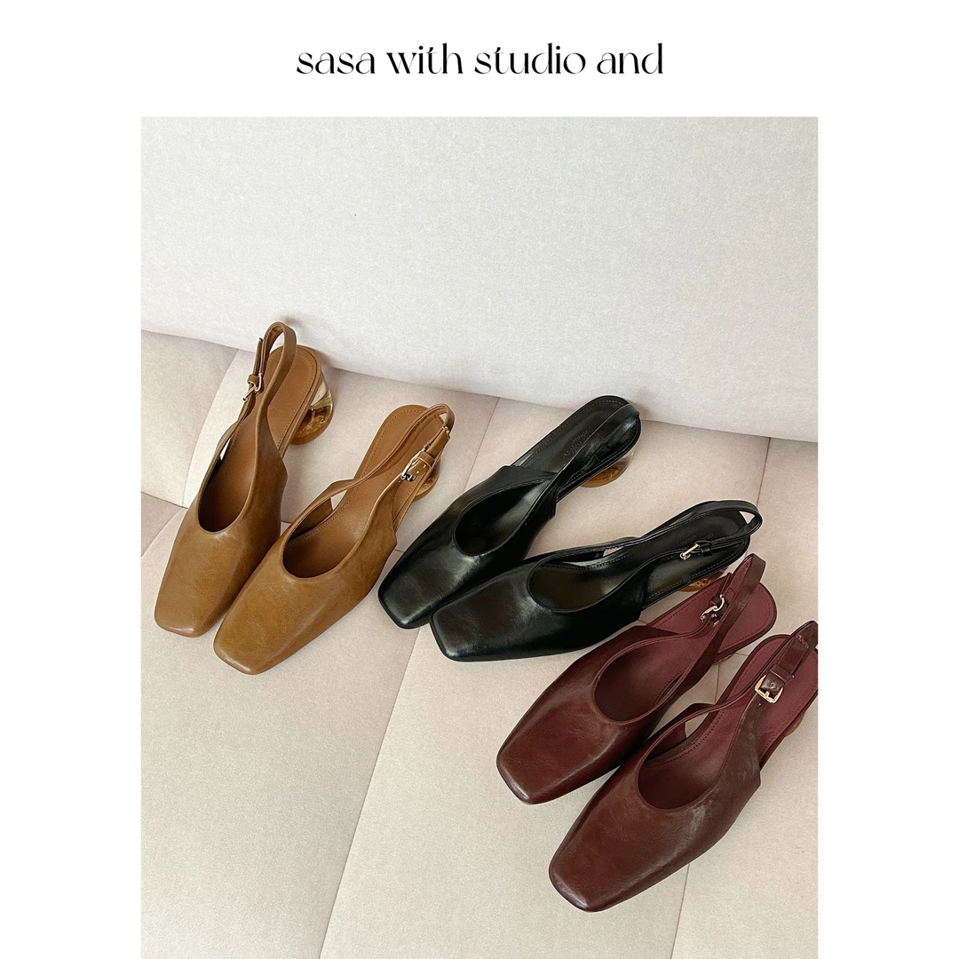 复古方头后空半包凉鞋时尚软皮别致鞋跟凉鞋   5159-2