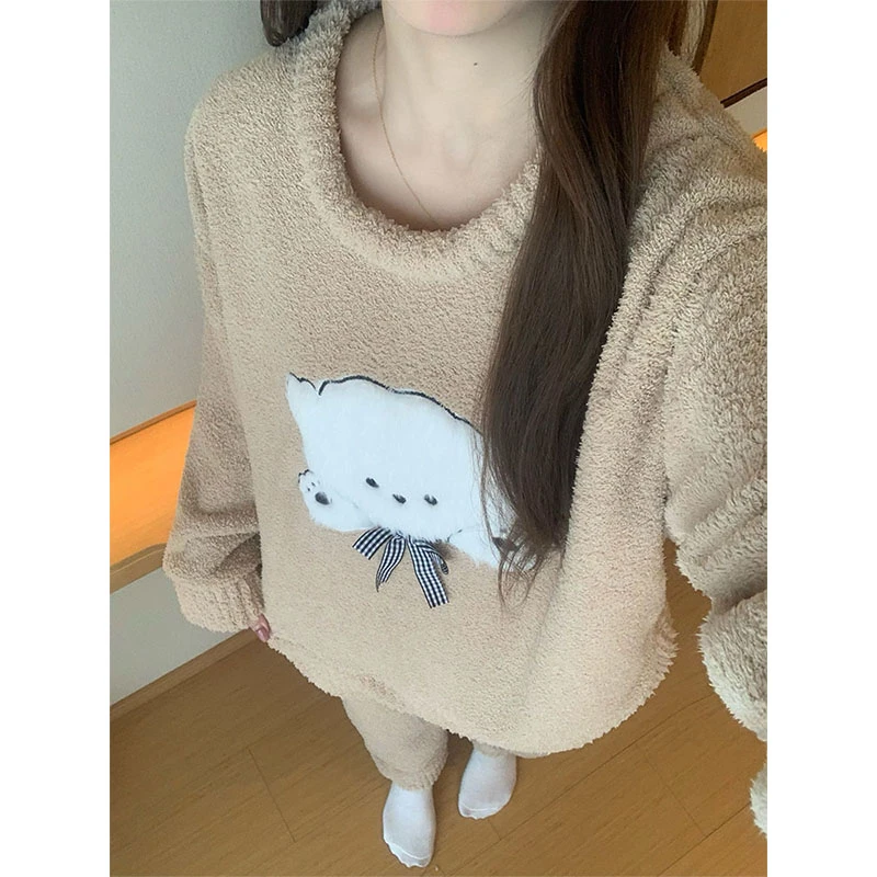 珊瑚绒睡衣女款秋冬季加绒加厚卡通可爱半边绒长袖保暖家居服套装