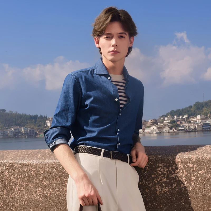 春季新款【纯棉丹宁】水洗牛仔衬衫男士长袖衬衣商务休闲温莎领秋季