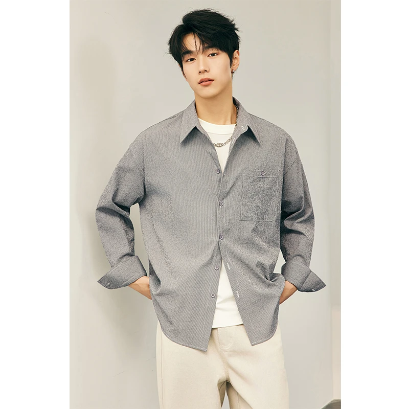 肌理感条纹衬衫男款长袖2025新款春秋季宽松休闲衬衣痞帅外套A176