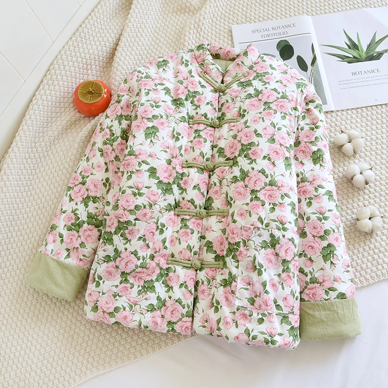 40【粉玫瑰】山东手工棉花袄 小碎花国风盘扣新中式冬季女棉服厚款