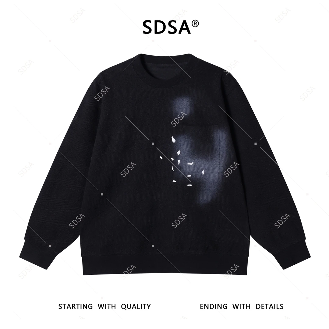 SDSA男士2025新款轻奢痞帅男装撞色刺绣口袋圆领卫衣百搭时尚上衣