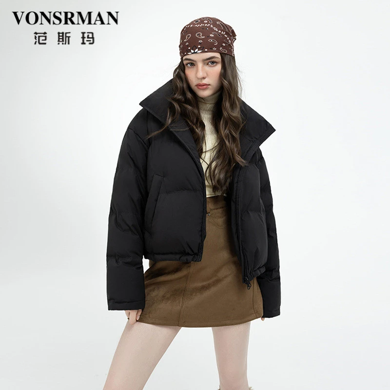 VONSRMAN纯色立领羽绒服女冬季2025新款休闲气质加厚保暖短款外套