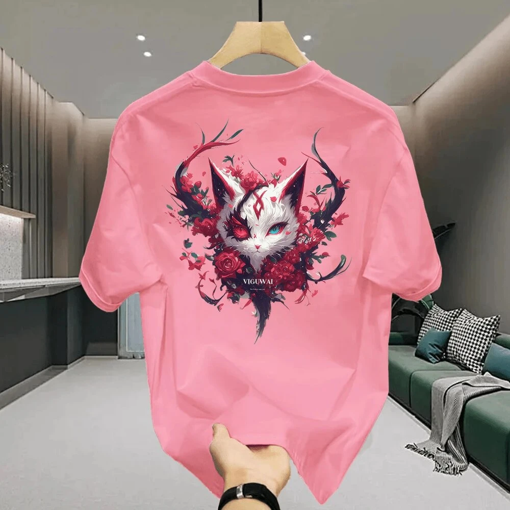 美式痞帅重磅纯棉短袖T恤-玫瑰狐狸 男女小清新短袖潮牌宽松圆领