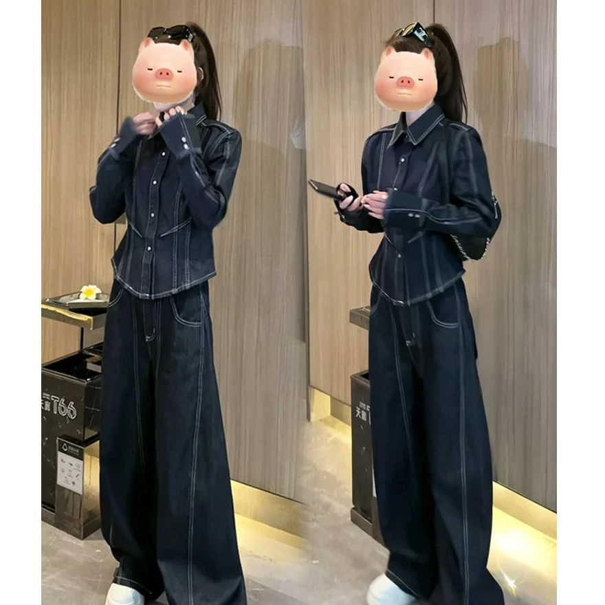 高级感明线设计气质收腰牛仔外套高腰牛仔长裤女套装2025春季新款