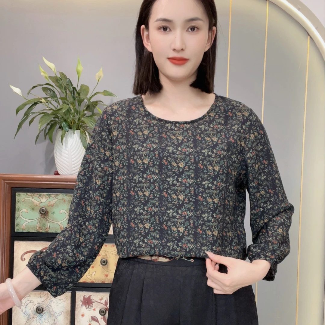 花色年华2025夏季新款圆领长袖亲肤透气中老年妈妈装女士上衣小衫