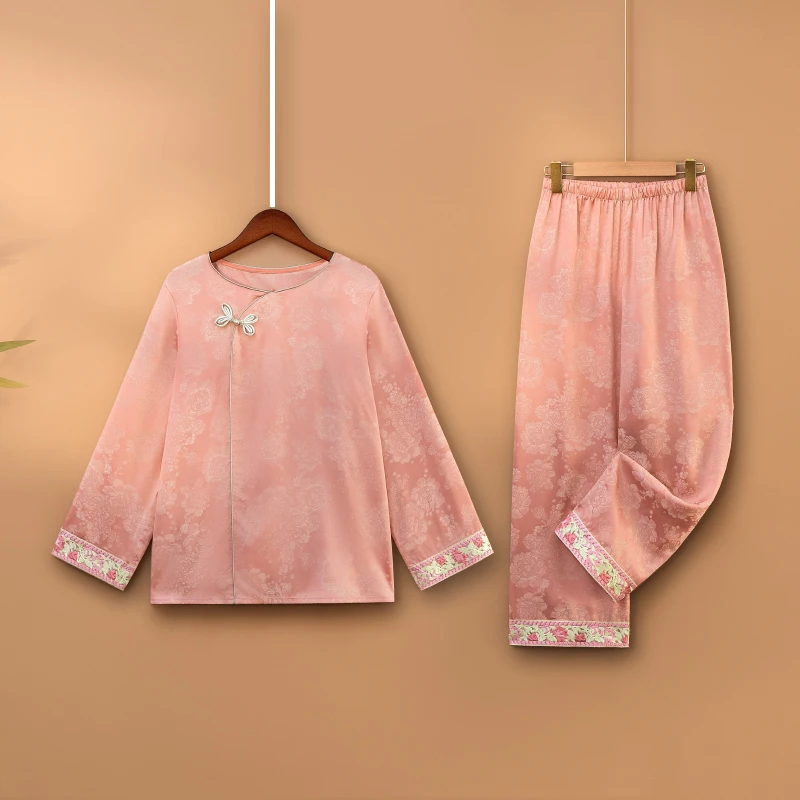【舒柔】2025新款春夏国风上衣+裤子两件套装新中式提花睡衣套装女