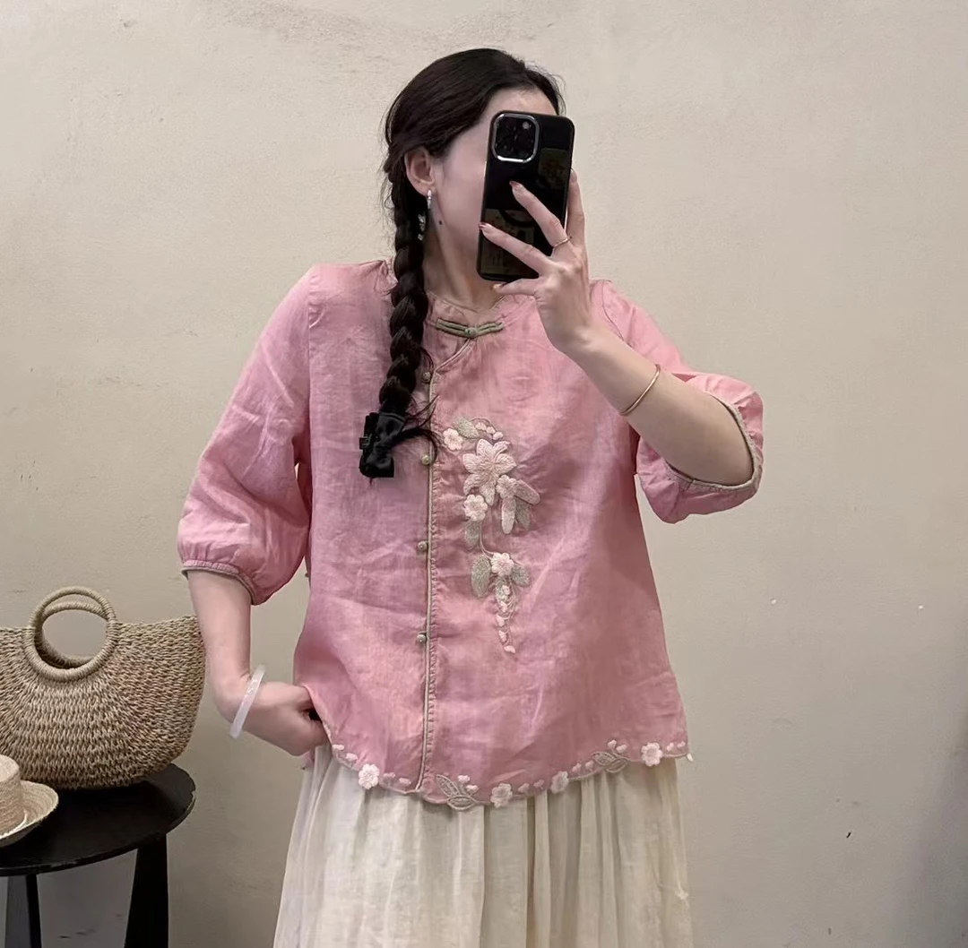 2025新款苎麻衬衫女夏季新款新中式盘扣改良斜襟拼接上衣麻印女神