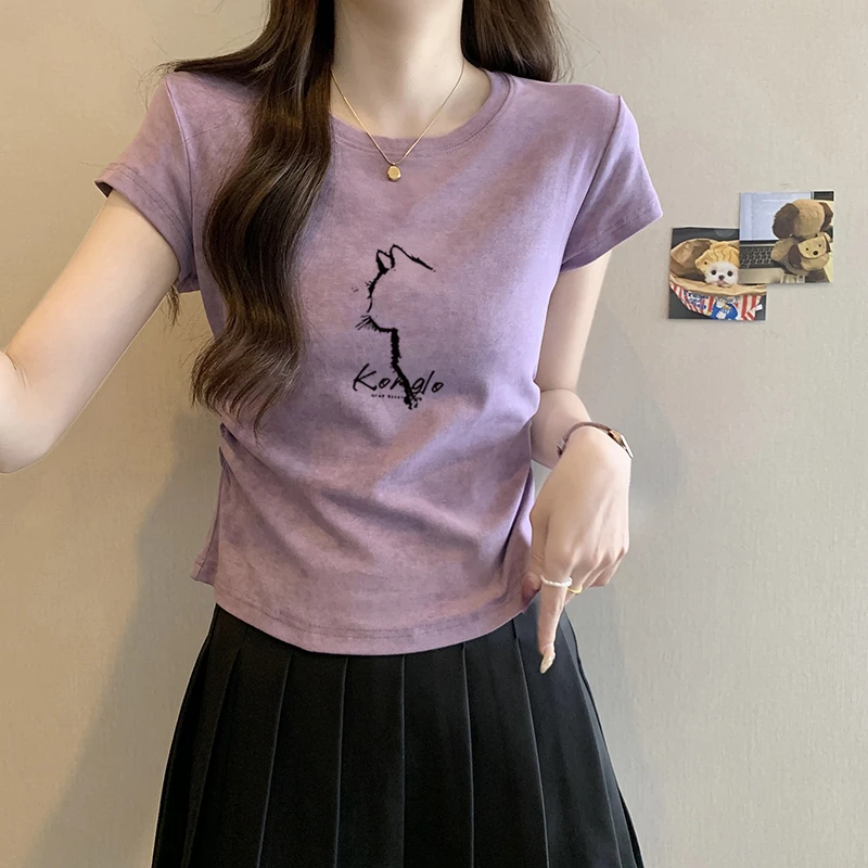 2025夏季新款紫色扎染正肩短袖T恤女复古甜辣妹收腰修身短款上衣