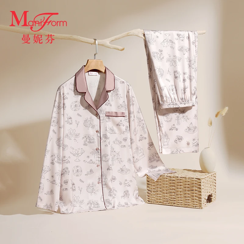 曼妮芬水光绸长袖家居服男女士2025新款舒适透气薄款睡衣套装