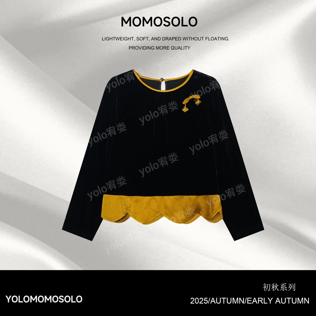 •金兰•2025秋人丝金丝绒花边人丝圆领拼接长袖上衣QM25Q3258612