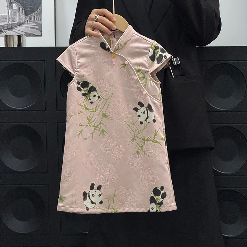 现货）壹妈夏季新中式粉色旗袍裙童装复古女童中国风熊猫连衣裙
