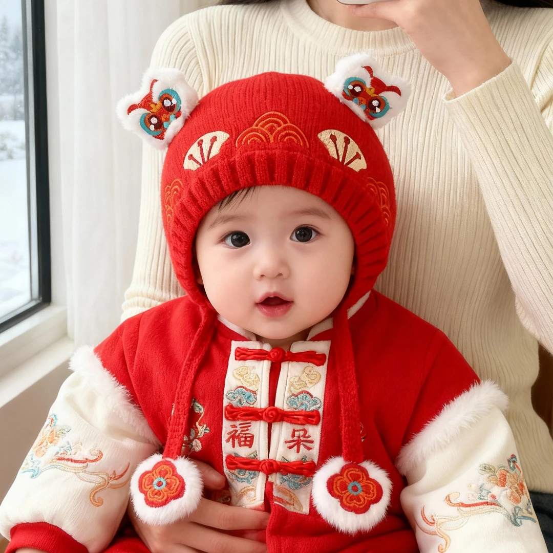 XINGDUOXIONG/星朵熊宝宝帽子秋冬季婴儿男红色喜庆过年洋气护耳