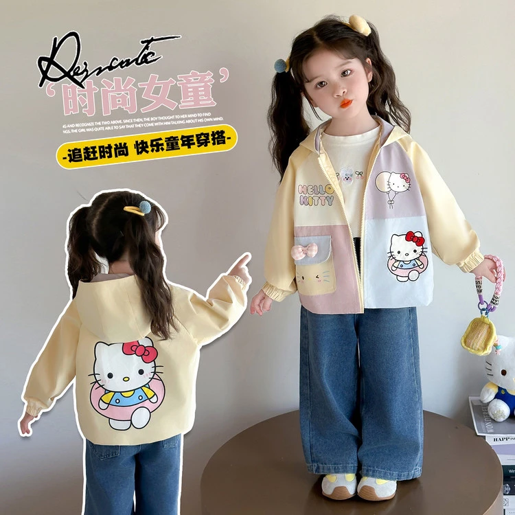 女小童卡通拼色外套春秋款女宝宝洋气连帽上衣秋装小女孩运动风衣
