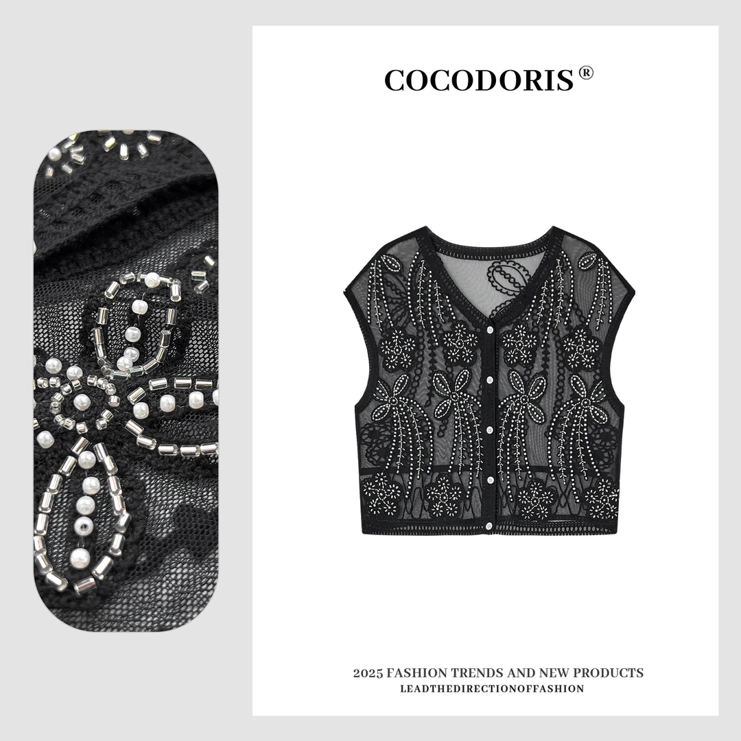 COCO DORIS 新款重工珍珠刺绣针织短袖夏季通勤休闲百搭上衣3990