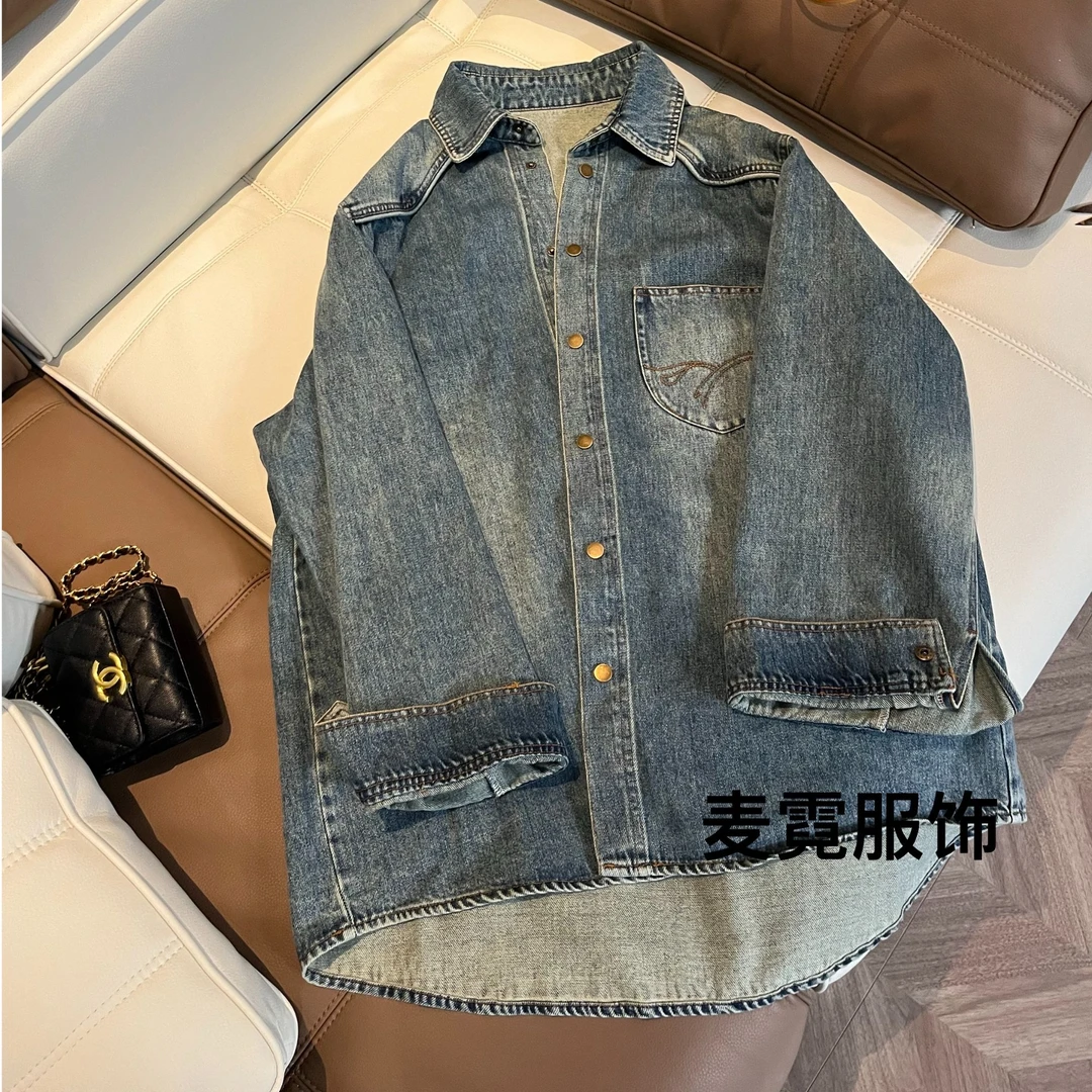 [麦霓严选]水洗复古牛仔衬衫女2025春季新款韩版宽松衬衣外套9054