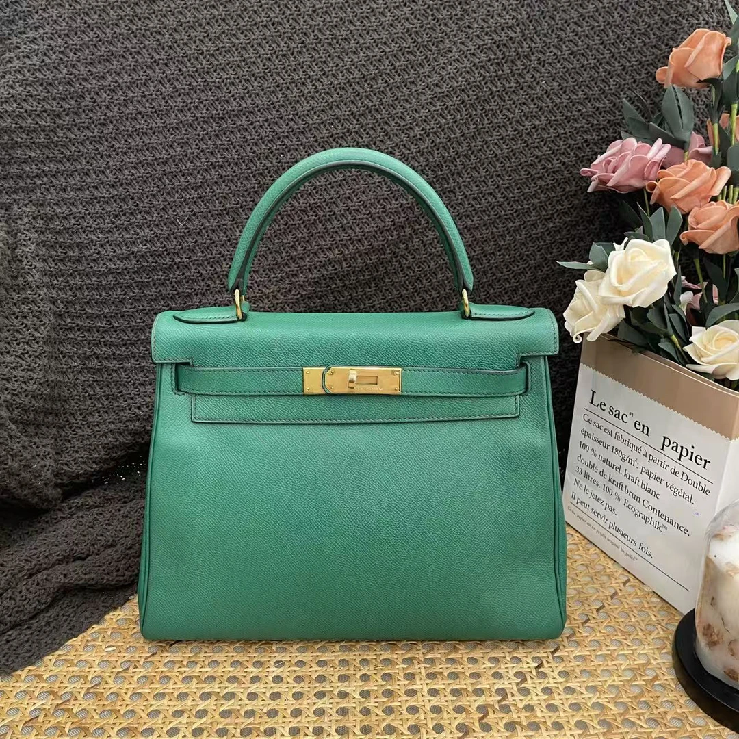 95新 Hermes/爱马仕 kelly 28 圈X e皮 翡翠绿手提包mk103557
