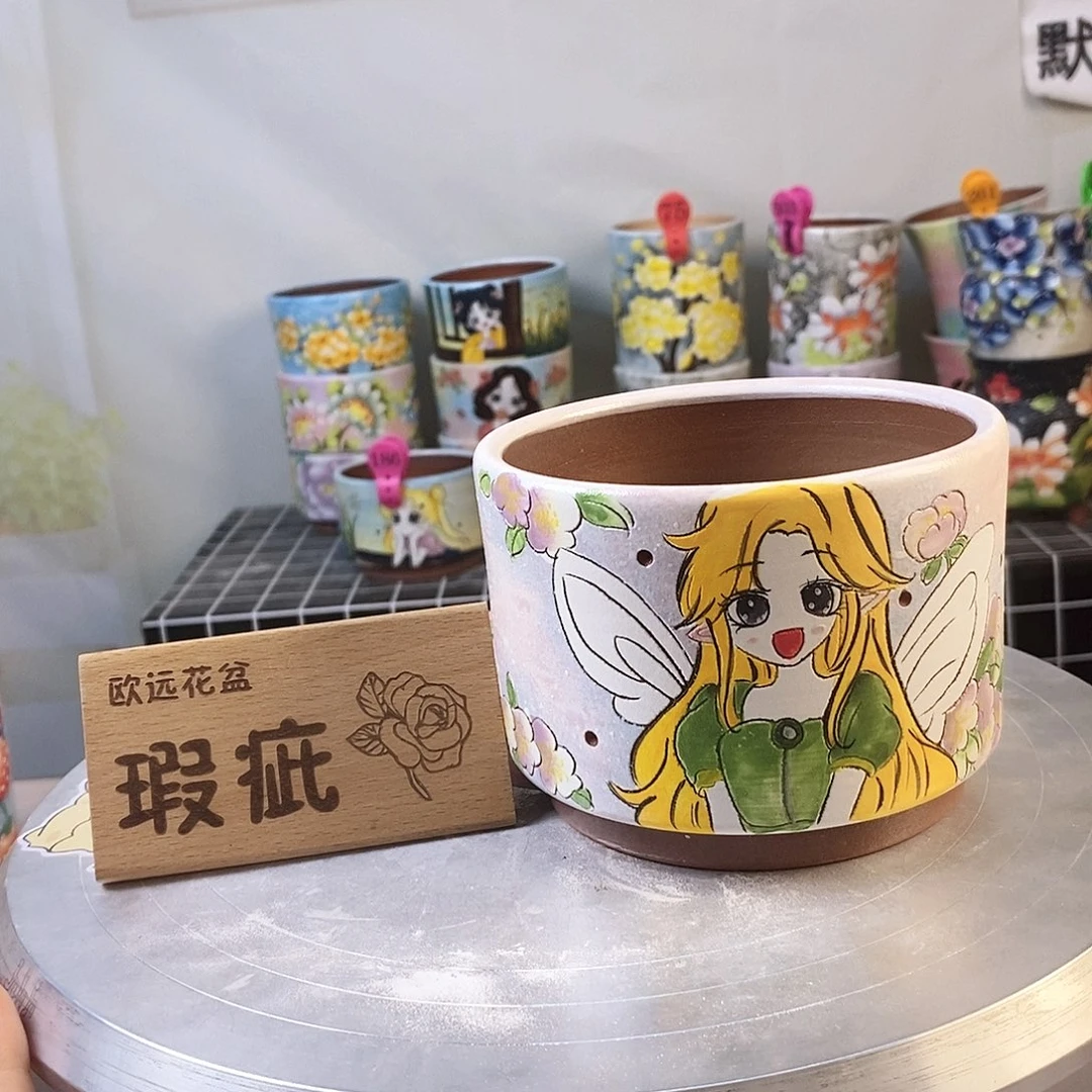紫砂花盆红陶手绘花盆