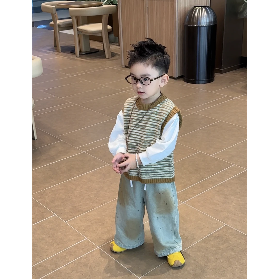 男童秋装套装复古2025韩版秋季新款毛衣儿童印花牛仔裤三件套FY