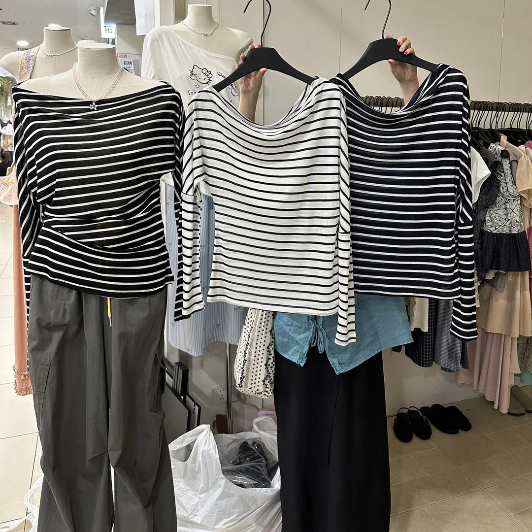 韩系一字肩条纹长袖防晒T恤女2025早秋新款宽松百搭显瘦罩衫上衣