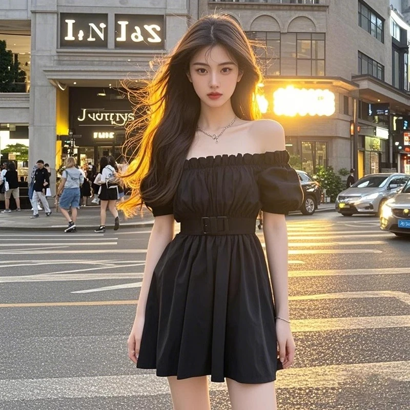 木耳边一字肩气质辣妹性感收腰显瘦连衣裙配腰带小众黑色设计感