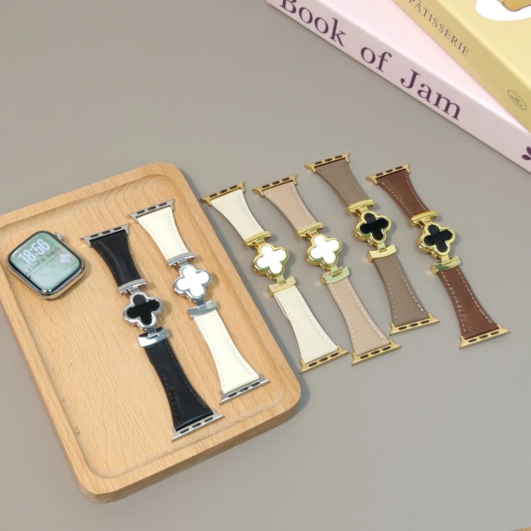 适用苹果手表带S11/10/SE/ultra表带新款四叶草真皮磁吸秋冬皮带