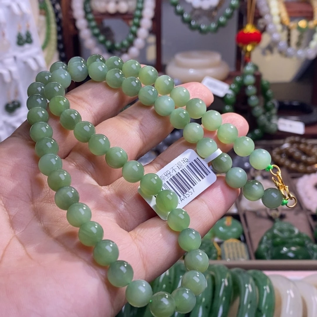 和田玉收藏级碧玉高冰老矿料猫眼阳绿圆珠项链8m未镶嵌