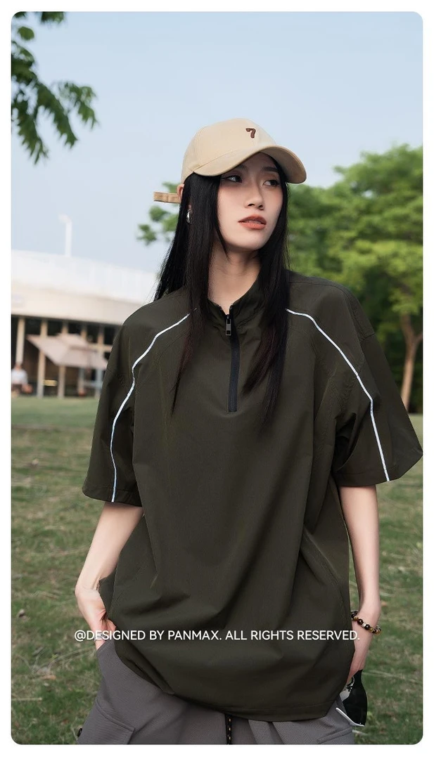 【主播同款】简约宽松立领大码男装美式休闲拼接运动百搭户外短袖款