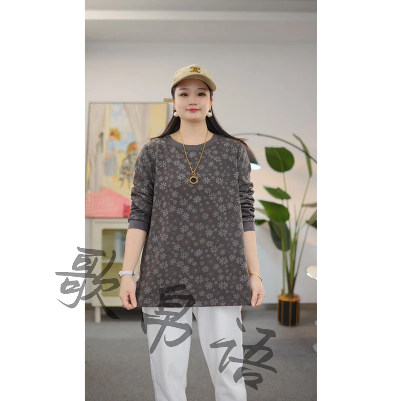 歌帛语大码女装常规款宽松型休闲时尚百搭印花女圆领长袖T恤