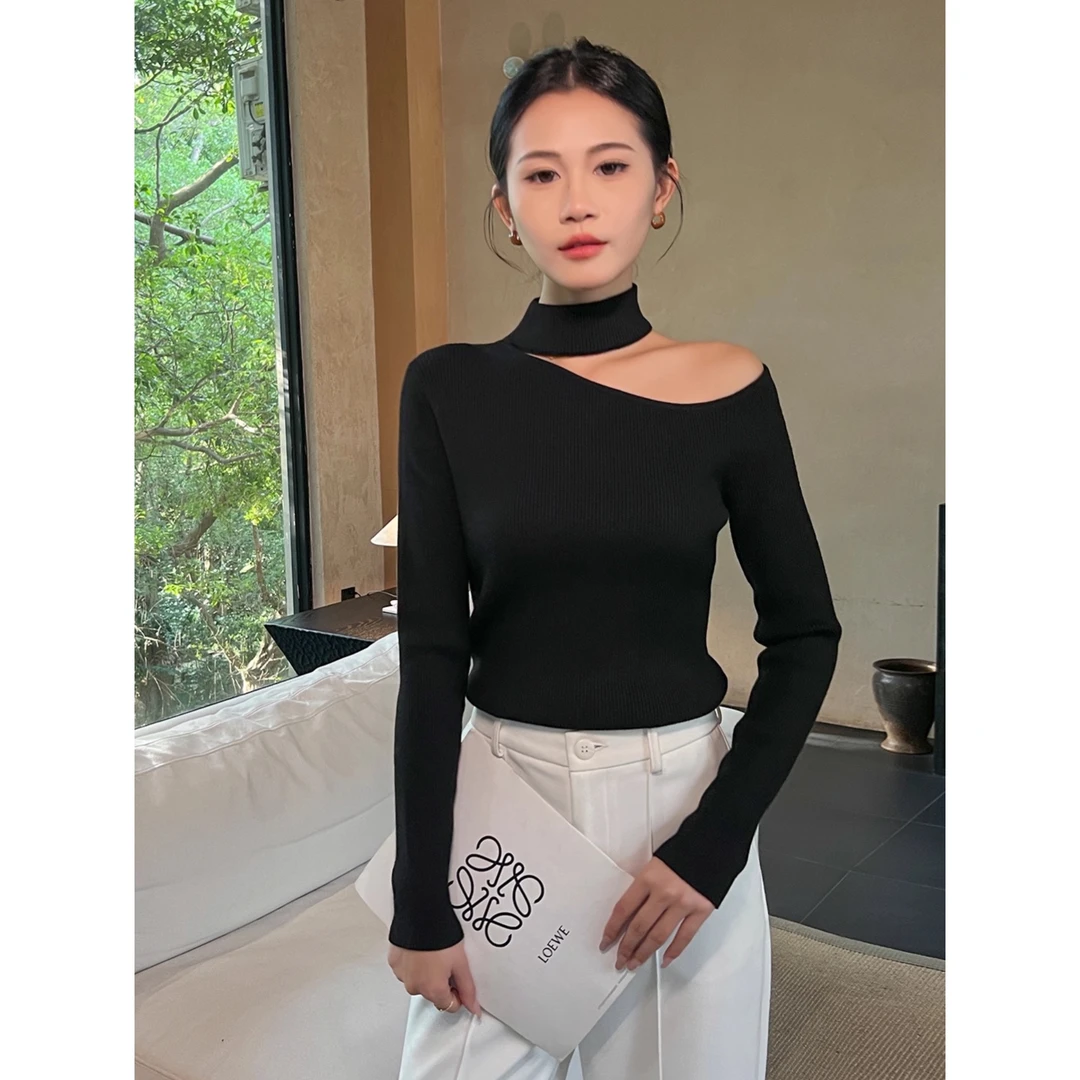 斜肩长袖针织黑色打底衫女2025新款时尚秋冬露肩毛衣内搭上衣气质