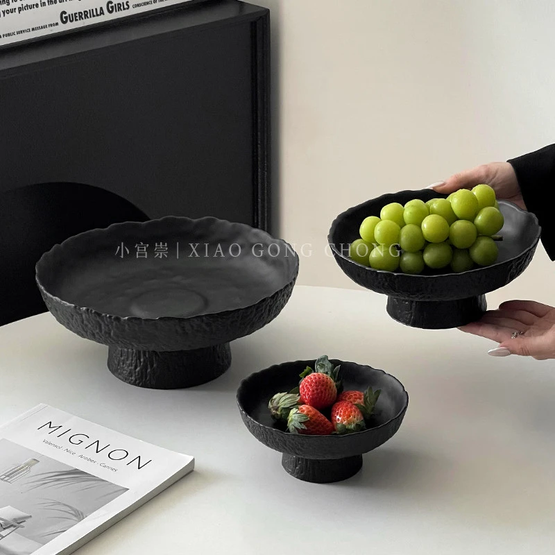 高级感磨砂黑高脚水果盘玻璃客厅茶几零食摆放盘多层家用干果盘子