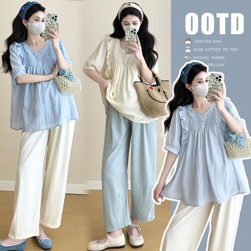 孕妇新款2025春夏洋气时尚孕妇短袖上衣＋九分奶奶裤套装