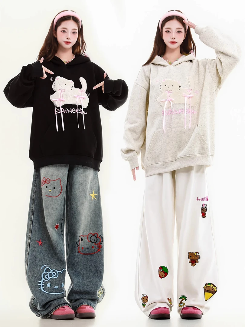 卡通蝴蝶结小猫刺绣连帽卫衣女男秋季美式慵懒chic套头帽衫潮